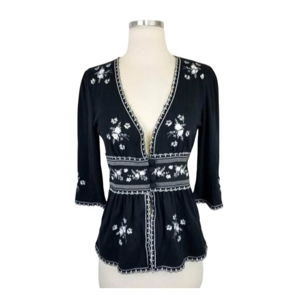 Essentials By ABS Black Embroidered Boho Cardigan With Delicate Floral Accents